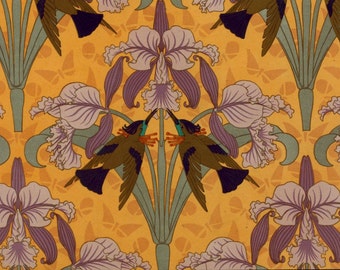 humming bird art nouveau wallpaper illustration purple iris flowers digital download