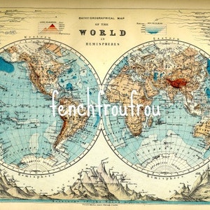 antique victorian map of the world lithograph art poster digital download