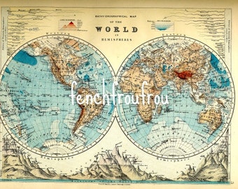 antique victorian map of the world lithograph art poster digital download