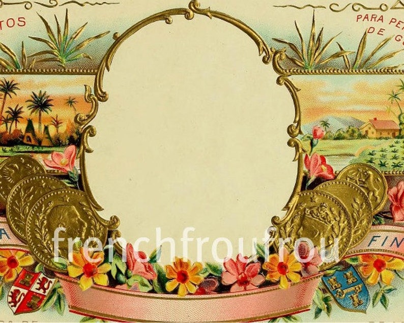 Antique Victorian Ilration Flower Frame Cigar Box Label Lithograph Digital