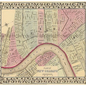 Antike farbige Karte New Orleans Französisch Quartal Mississippi River DIGITAL DOWNLOAD