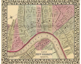 antique colored map new orleans french quarter mississippi river DIGITAL DOWNLOAD