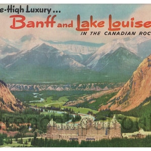 antyczne podróż banff jezioro louise kanada ilustracja plakat pocztówka cyfrowe pobieranie