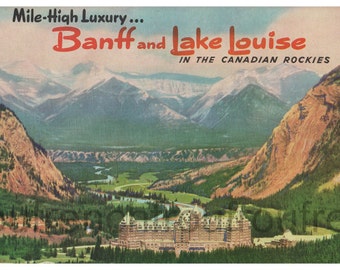 antique travel banff lake louise canada illustration poster postcard digital download