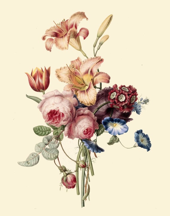 Antique Bouquet Of Peonies Pink Roses Fleur De Lys Lilies Tulips Illustration Digital Download