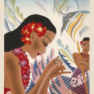 vintage art deco hawaiian hula girl illustration fishing digital download