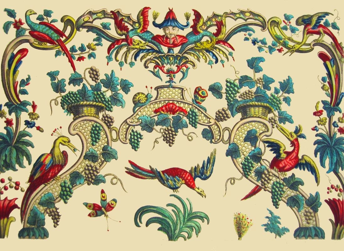 Antique French Chinoiserie Wallpaper Illustration Phoenix Bird - Etsy Antique French Chinoiserie Wallpaper Illustration Phoenix Bird - Etsy