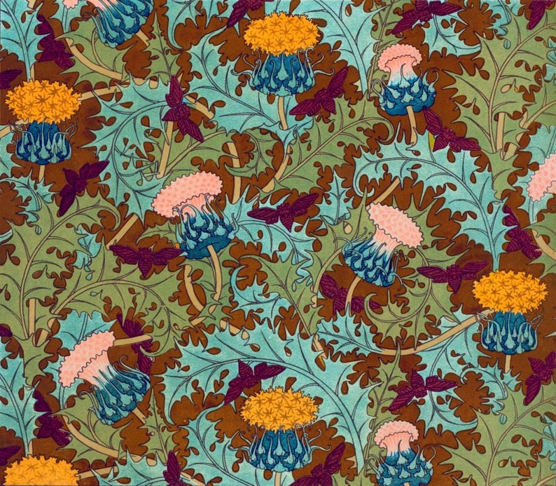 Antique french art nouveau wallpaper design cicada and thistle | Etsy