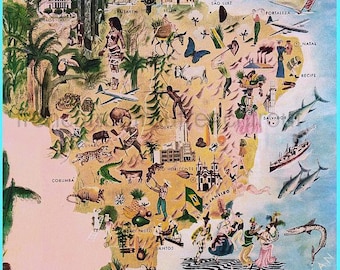 antique illustrated map of Brazil illustration digital download