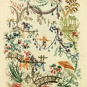 antique french chinoiserie wallpaper illustration acrobats parasol digital download