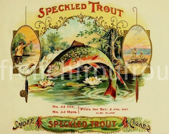 antique victorian speckled trout fly fishing cigar box label 1905 lithograph