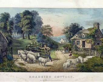 antique victorian lithograph roadside cottage farm sheeps digital download