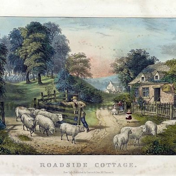 antique victorian lithograph roadside cottage farm sheeps digital download