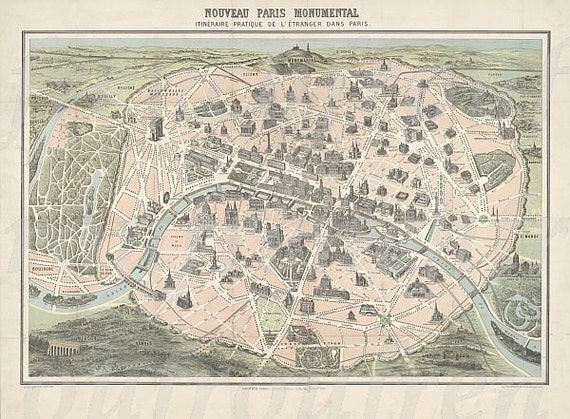 antique victorian map of Paris France digital download