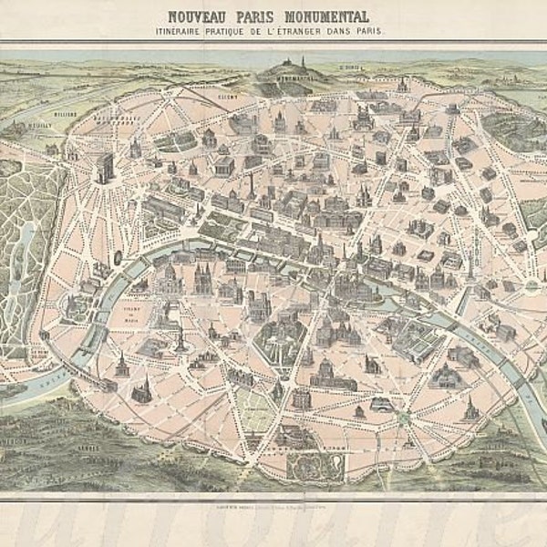 antique victorian map of Paris France digital download