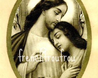 antique french holy prayer card Marie Magdalene Jesus illustration digital download