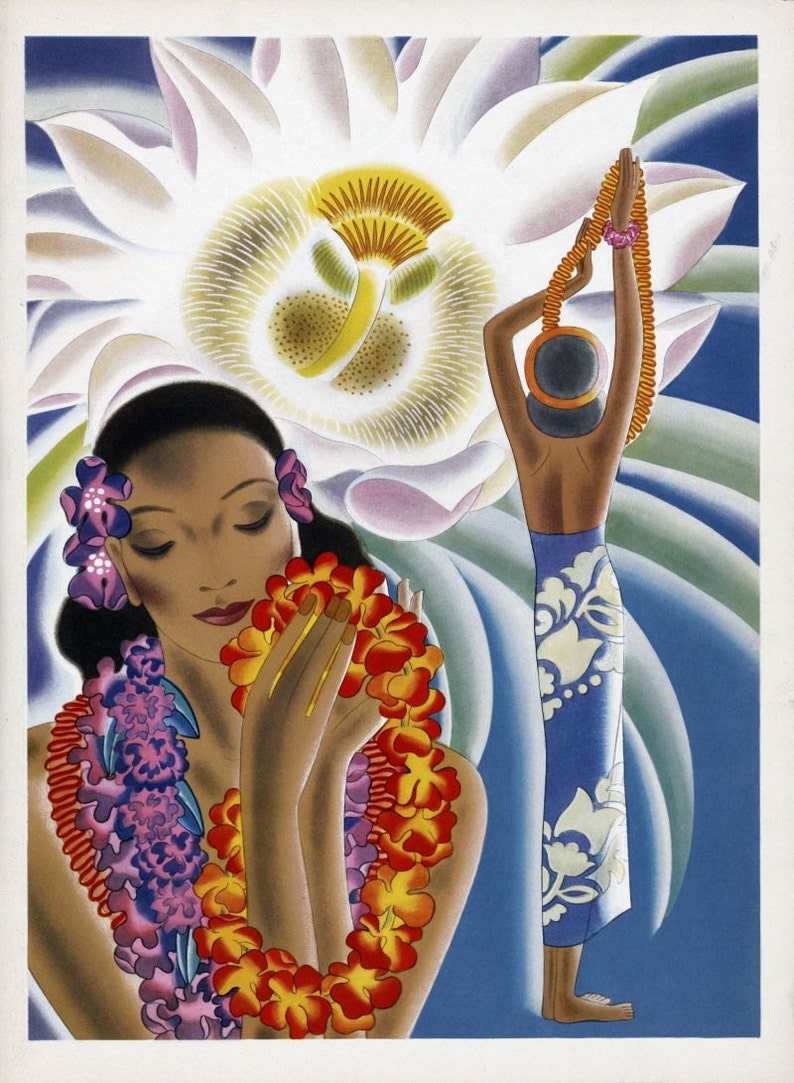 Vintage art deco illustration hawaiian hula girl dancing Etsy