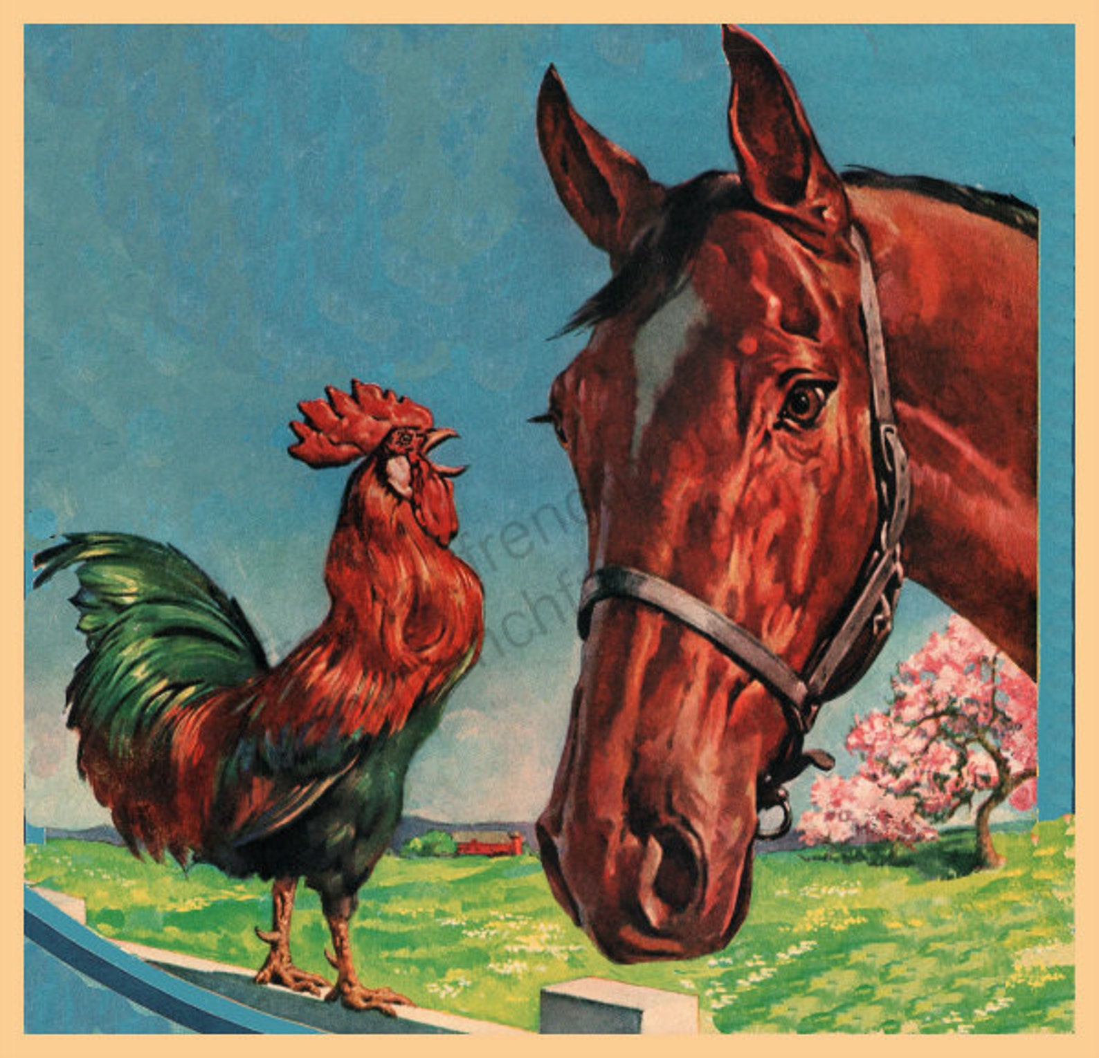 Vintage caballo y gallo animales de granja ilustración | Etsy