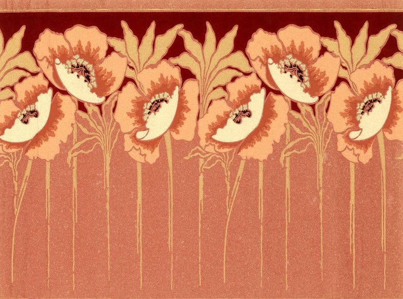 Antique art nouveau botanical poppies wallpaper illustration Etsy