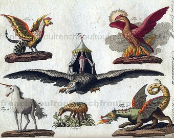 antique lithograph unicorn dragon illustration digital download clip art