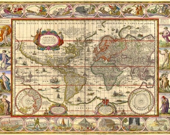 antique illustrated colored map of the world astrological design digital download