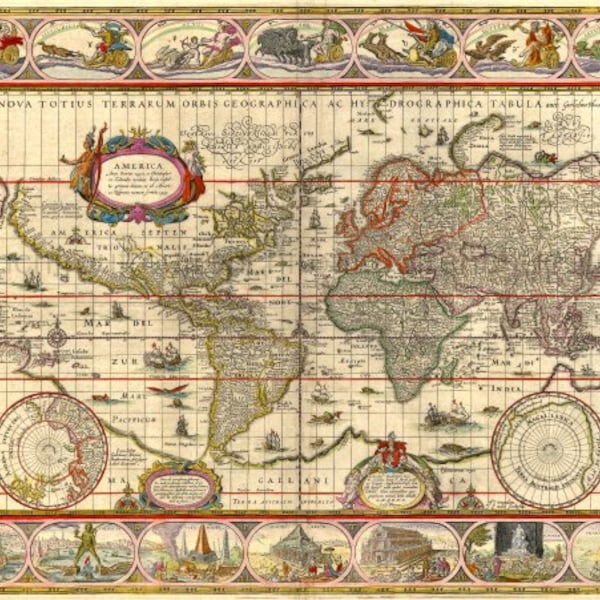 antique illustrated colored map of the world astrological design digital download