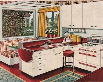 vintag mid century modern kitchen design illustration digital download