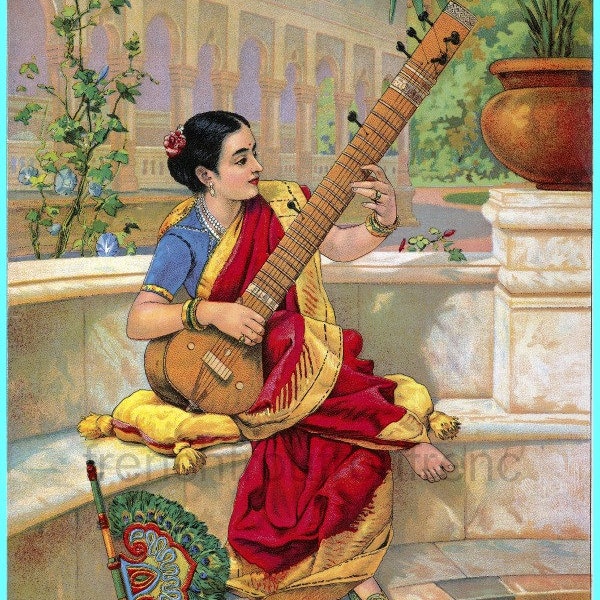 antique illustration seated indian woman playing the sitar DIGITAL DOWNLOAD