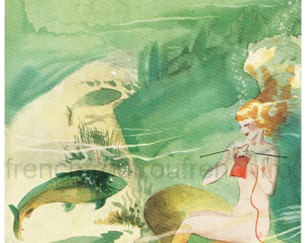 mermaid knitting underwater vintage art deco illustration  digital download