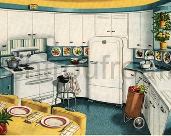 retro mid century modern kitchen design illustration blue and yellow digital download