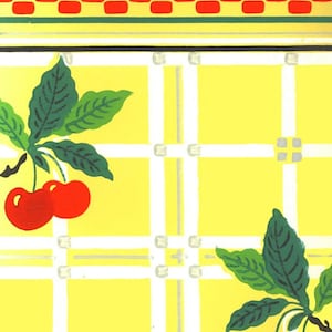 vintage mid century kitchen wallpaper red cherries on yellow background illustration digital download