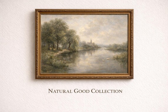 Vintage River Landscape Art Print | Soft Neutral Lake & Willow Trees | Classic European Style | Printable Digital Download