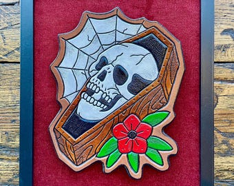 Coffin Tattoo Flash Framed Leather Art
