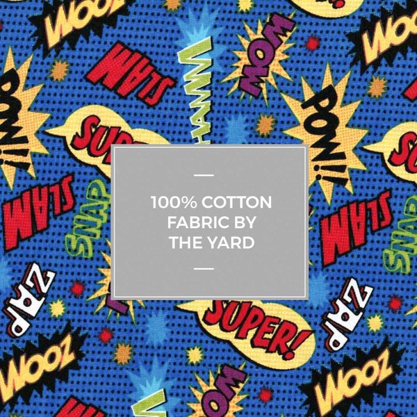 Fat Quarter, 1/2 Yard, Comic Book Superhero Words, Blue Quilter's 100% Cotton Fabric by the Yard Marvel DC Superman Batman