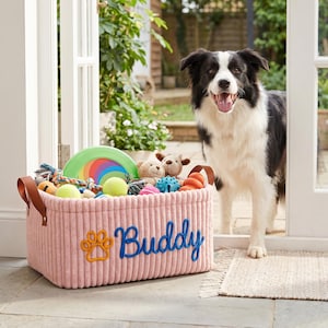 Personalized Cat & Dog Toy Basket – Knitted Storage Bin with Name Embroidery – Custom Pet Organizer for Toys and Treats