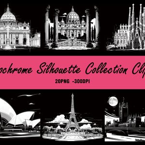 MONOCHROME SILHOUETTE- 20 clip arts (300 dpi, Landmarks, Paris Opera House, Eiffel Tower, Png, Black background Commercial Use