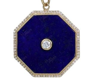 Pendentif octogonal diamant lapis lazuli, breloque fait main en argent sterling 925