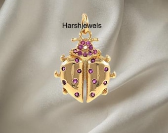 14k Solid Gold Ladybug Pink Sapphire Mini Charm Pendant,Handmade Jewelry,Gift