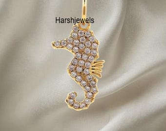 14k Solid Gold Seahorse Diamond Mini Charm Pendant,Handmade Jewelry,Gift