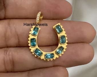 Aquamarine Diamond Horseshoe Pendant, 925 Sterling Silver Charm, Handmade