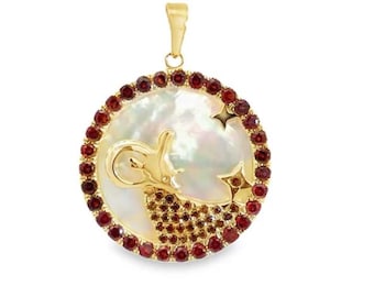 Capricorn Garnet Sterling Silver Charm Pendant, Mother of Pearl Zodiac Jewelry