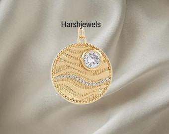 Colgante pequeño con dije de disco de diamante en oro macizo de 14k, joyería hecha a mano, regalo