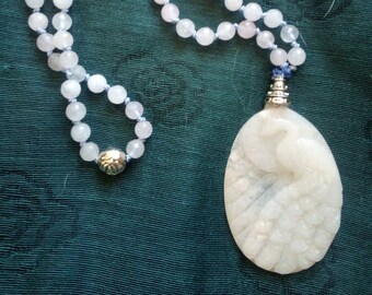 Rose quartz mala necklace with carved peacock pendant