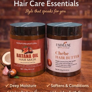 May include: Two jars of EssyLuxe hair care products are displayed. One is Batana Oil Hair Mask, the other is Chebe Hair Butter. The Batana Oil jar is 8.8 oz, and the Chebe Hair Butter jar is 8.45 oz. The image also includes text about the products.