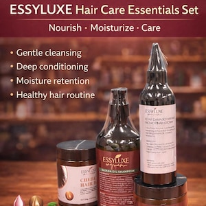 May include: An Essyluxe Hair Care Essentials Set featuring multiple bottles and jars. The set includes Batana Oil Shampoo, Hair Mask, and Chebe Hair Butter. The products are labeled as cruelty-free and vegan, promoting gentle cleansing, deep conditioning, and moisture retention.