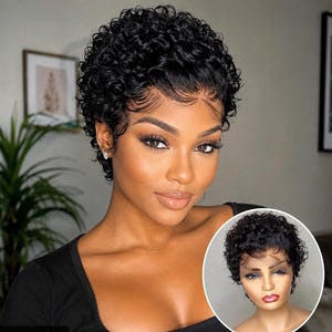 May include: A short, black, curly hair wig featuring a lace front design with defined, tight ringlets. The hair is styled in a cropped, layered cut that frames the face, showcasing a natural-looking hairline and dense, voluminous texture throughout.