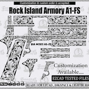 Może przedstawiać: Czarno-biała grafika przedstawiająca projekt broni palnej Rock Island Armory A1-FS. Projekt zawiera skomplikowane kwiatowe ornamenty i tekst "Rock Island Armory A1-FS". Obraz zawiera również tekst wskazujący opcje dostosowywania i kompatybilność typów plików.