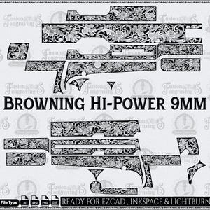 May include: Black and white floral engraved design for a Browning Hi-Power 9MM. The design is ready for EZCAD, Inkscape, and Lightburn. Includes file types AI, SVG, PNG, and DXF.