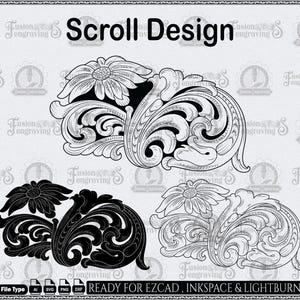 Könnte beinhalten: Schwarz-weißes Scroll-Design mit floralen und Blattelementen. Das Bild enthält den Text "Scroll Design" und "READY FOR EZCAD, INKSPACE & LIGHTBURN". Verfügbar in den Dateitypen AI, SVG, PNG und DXF.