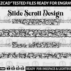 May include: A set of three black and white scroll designs, ready for engraving. The designs are labeled "Slide Scroll Design" and are available in AI, SVG, PNG, and DXF file formats. The text "READY FOR INKSPACE & LIGHTBURN" is also included.
